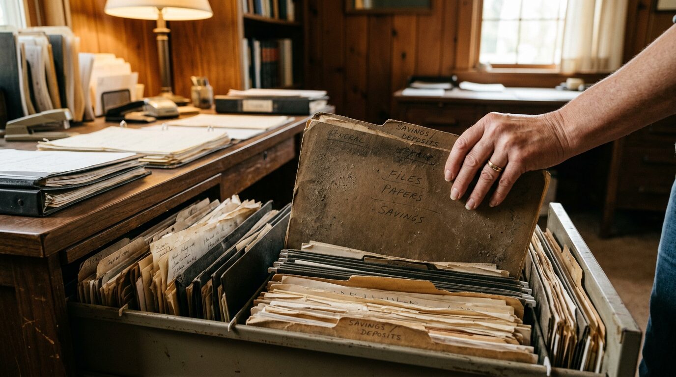Épargne salariale : que devient votre PEE si vous quittez votre entreprise ? 4 Main sortant un vieux dossier poussiereux d un tiroir de documents