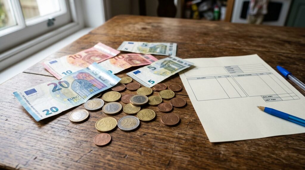 Salaires réels stagnation pouvoir achat Billets et pièces en euros posés près d'une fiche de paie sur une table
