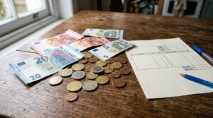 Billets et pièces en euros posés près d'une fiche de paie sur une table