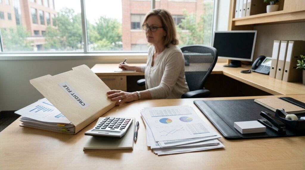 Scoring bancaire dossier de credit Bureau de conseiller bancaire avec dossier de credit et calculatrice