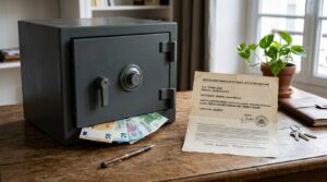 Coffre-fort fermé avec des billets en euros et un document d'investissement immobilier