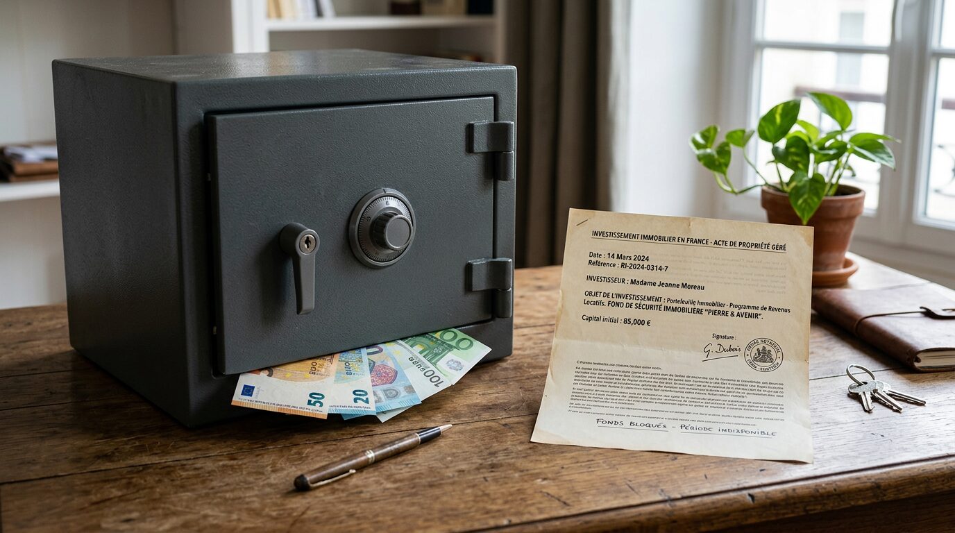 SCPI bloquée argent immobilisé Coffre-fort fermé avec des billets en euros et un document d'investissement immobilier
