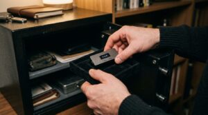 Mains sécurisant un portefeuille crypto matériel dans un coffre-fort personnel