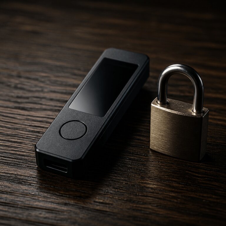Sécurité renforcée des portefeuilles crypto physiques Portefeuille matériel crypto et cadenas symbolisant la sécurité des actifs numériques