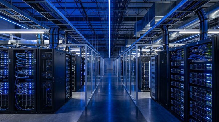 serveurs intelligence artificielle centre de données rangées de serveurs informatiques dédiés à l'intelligence artificielle en centre de données