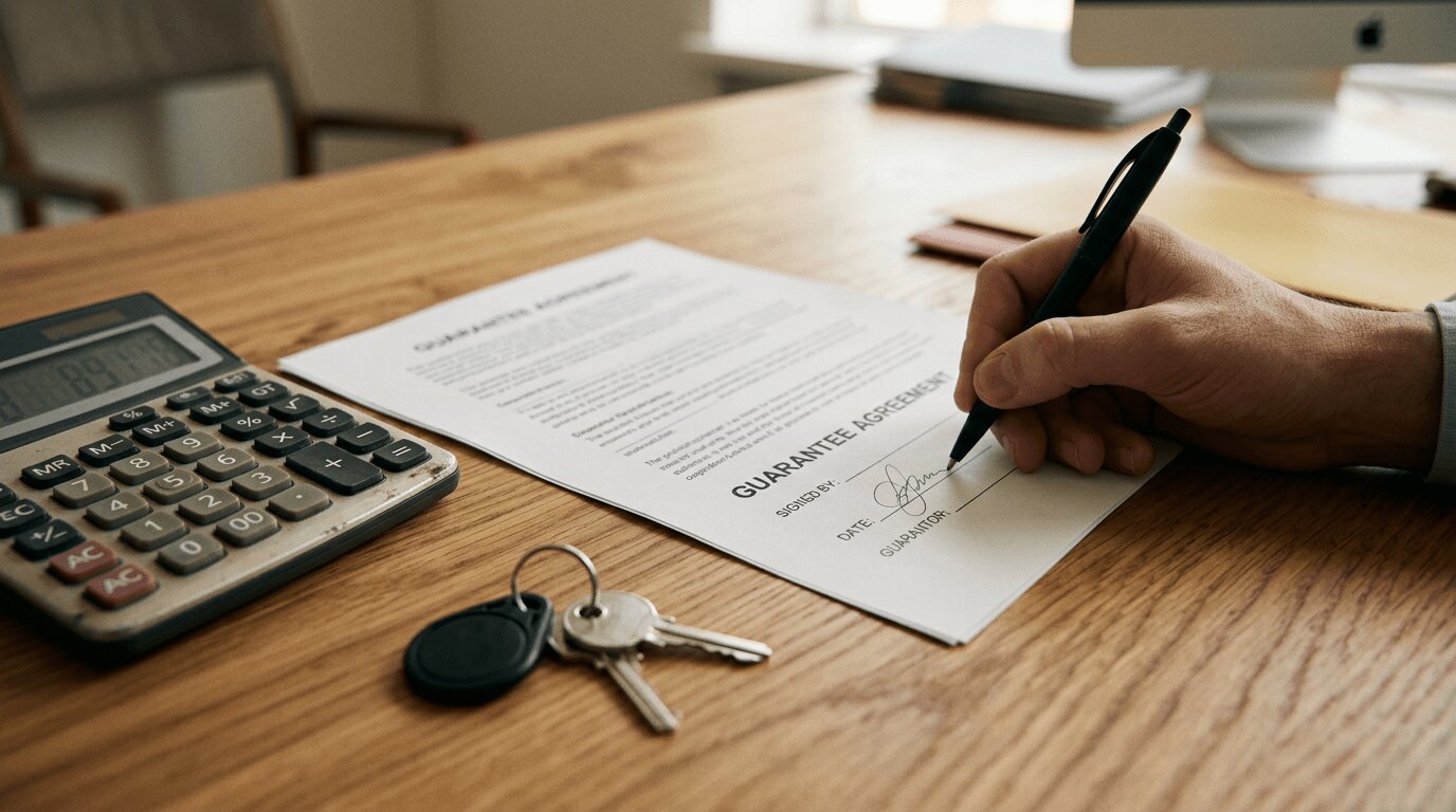 Main signant un document de garantie financière à côté d'une clé de maison