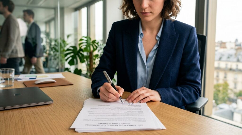 Signature contrat de travail bureau Employé signant un contrat de travail sur un bureau lumineux