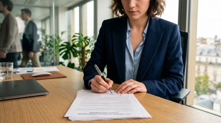 Signature contrat de travail bureau Employé signant un contrat de travail sur un bureau lumineux