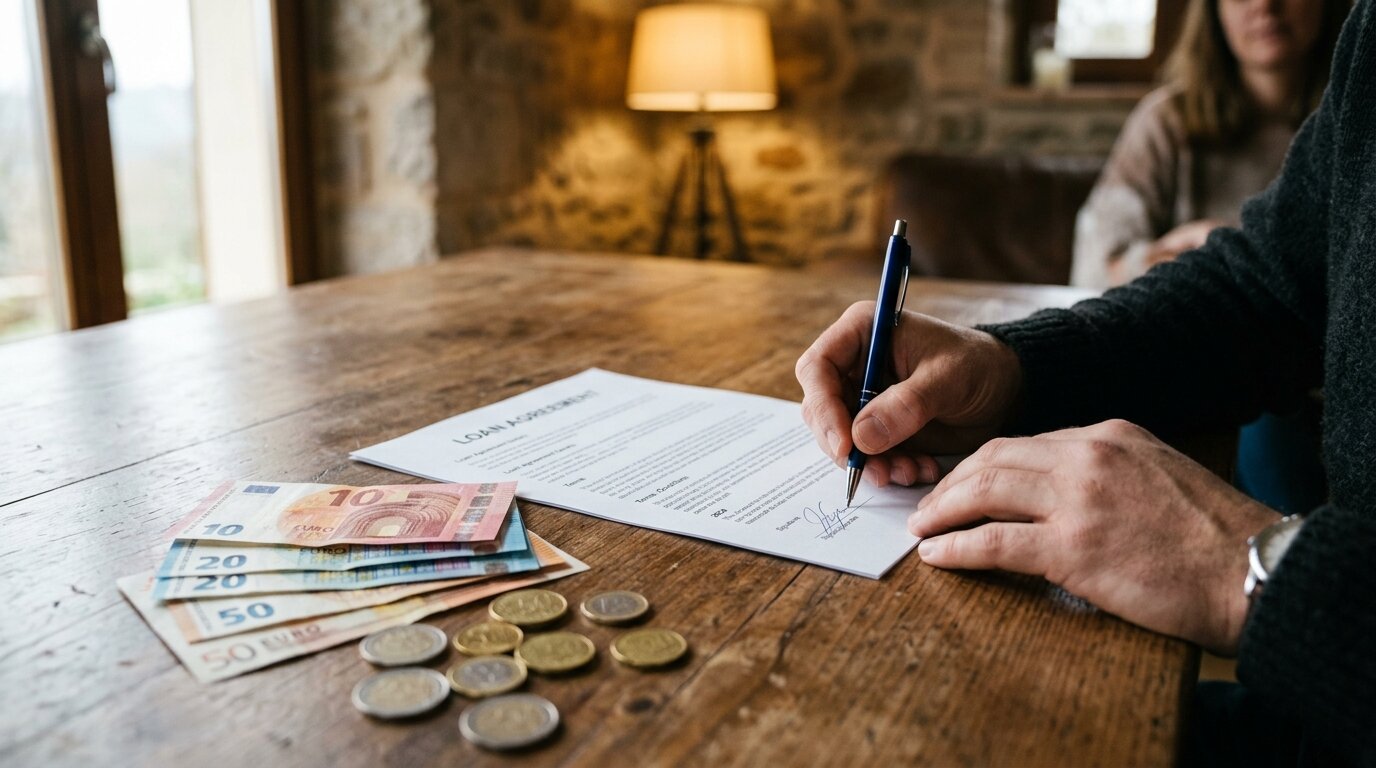 Signature d'un contrat de rachat de crédit avec des billets en euros à côté