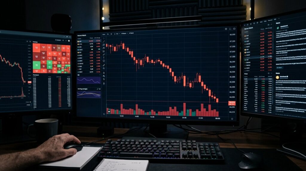 Sorties ETF Bitcoin Ethereum juillet Ecran de trading affichant un graphique crypto en baisse marquant les sorties ETF