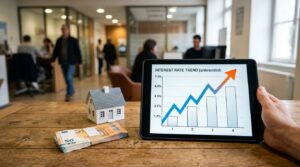Graphique de taux d'intérêt en hausse près d'une maquette de maison