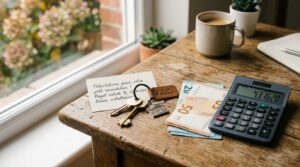 Clés de maison et billets d'euros posés sur un bureau en bois