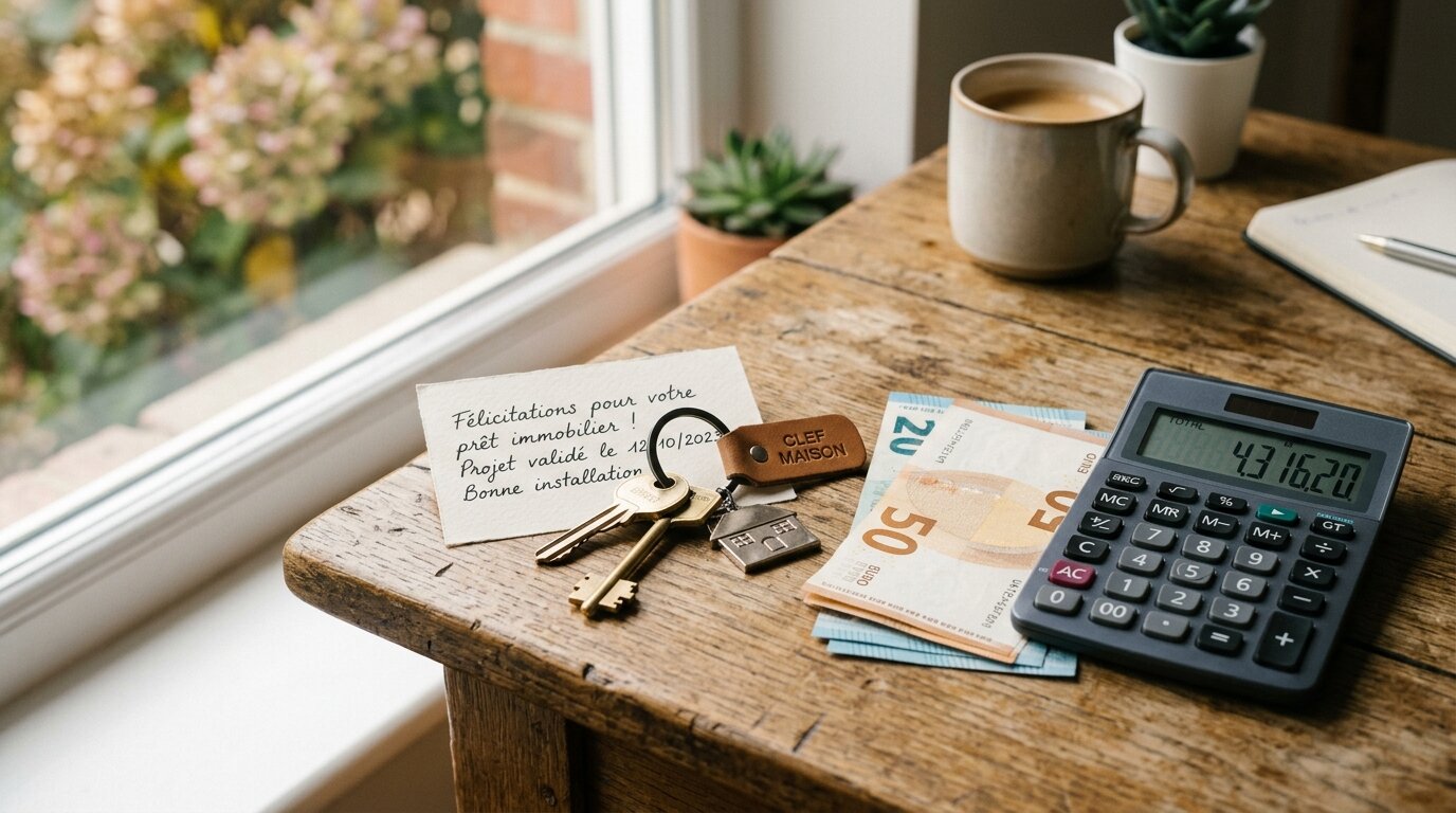 Taux de crédit immobilier stables en juillet 2026 Clés de maison et billets d'euros posés sur un bureau en bois