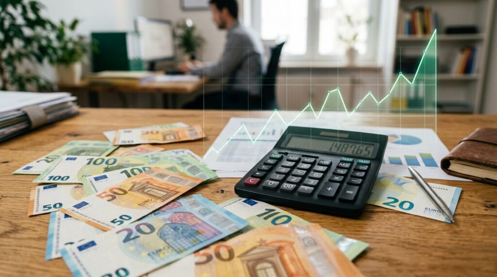 Taux d'emprunt en hausse graphique Graphique financier ascendant sur billets en euros et calculatrice