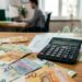 Graphique financier ascendant sur billets en euros et calculatrice