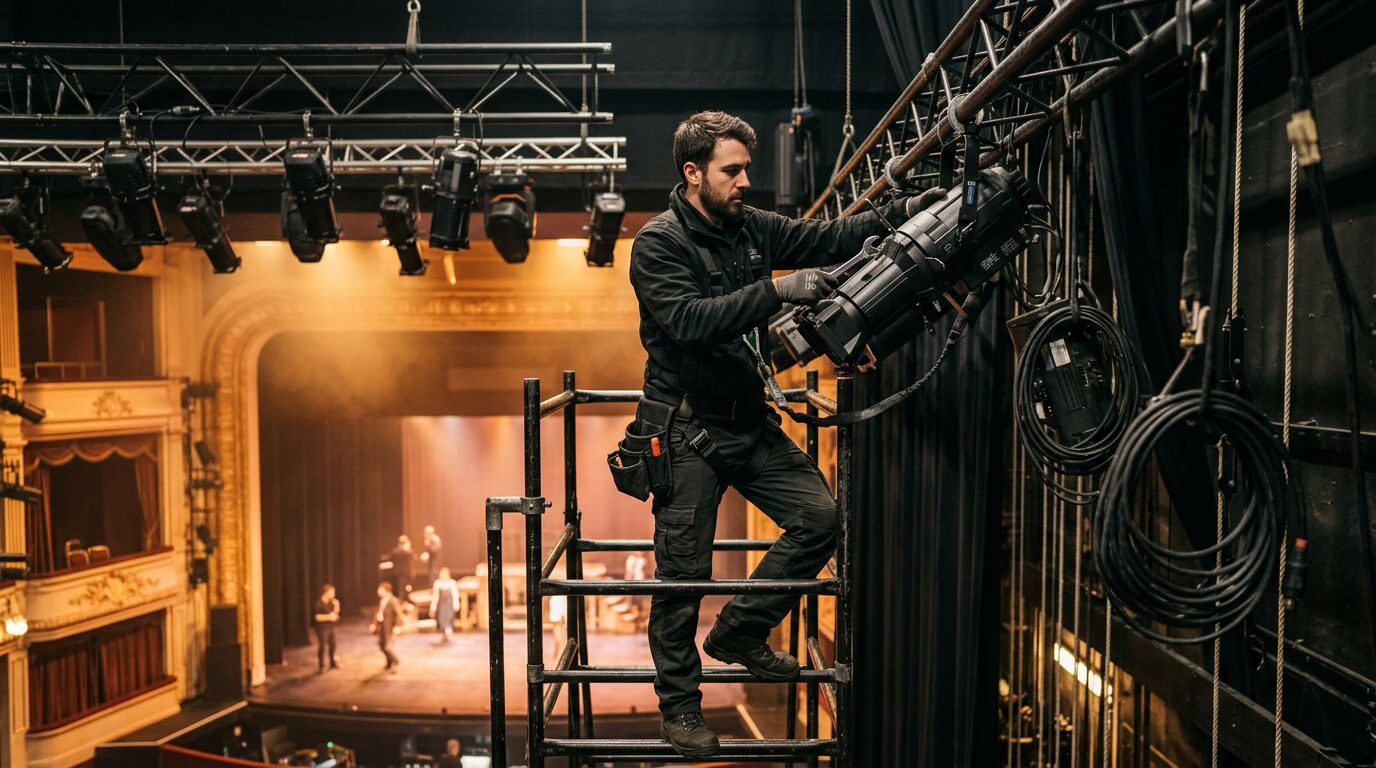 technicien du spectacle ajustant du matériel d'éclairage en coulisses de théâtre