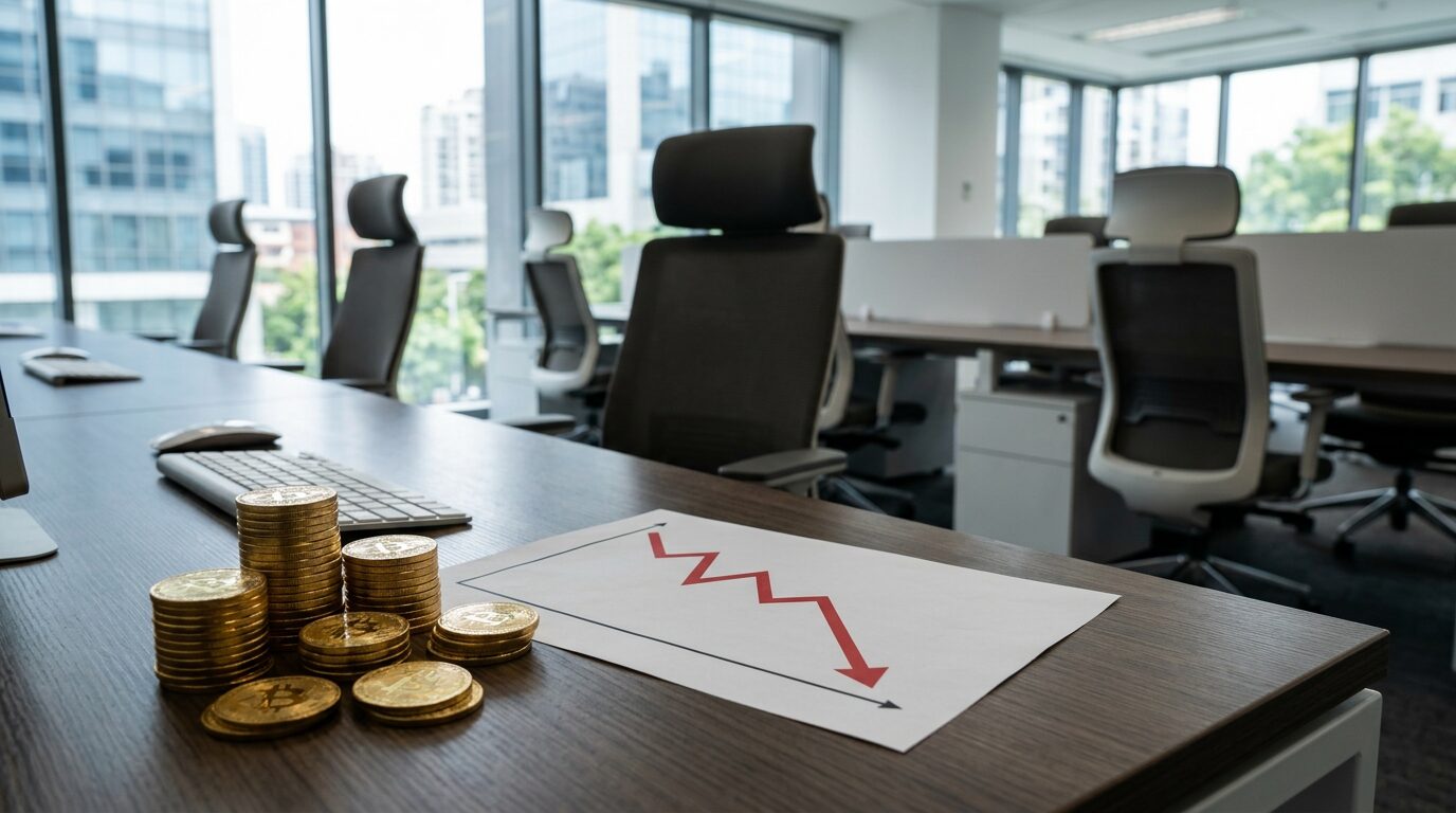 Bitcoin Treasuries : la crise s'aggrave, 60 milliards de dollars envolés 1 Piles de bitcoins sur un bureau d'entreprise avec un graphique financier en baisse