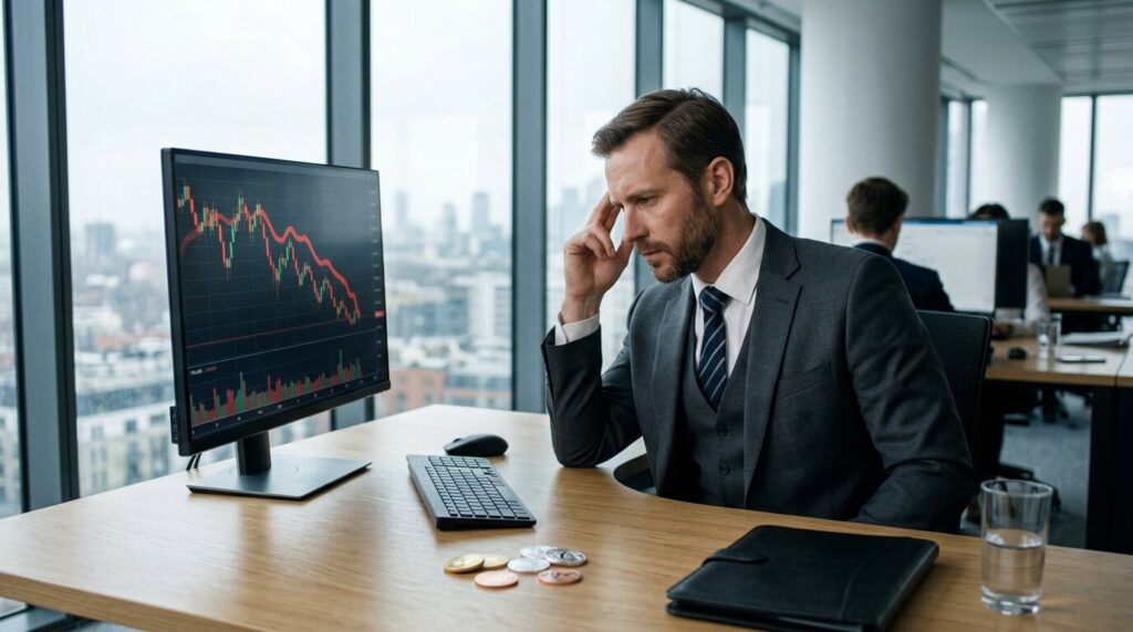 Vente de bitcoins et marché crypto Investisseur analysant un graphique boursier en baisse avec des cryptomonnaies