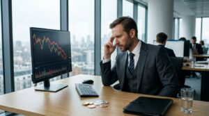 Investisseur analysant un graphique boursier en baisse avec des cryptomonnaies
