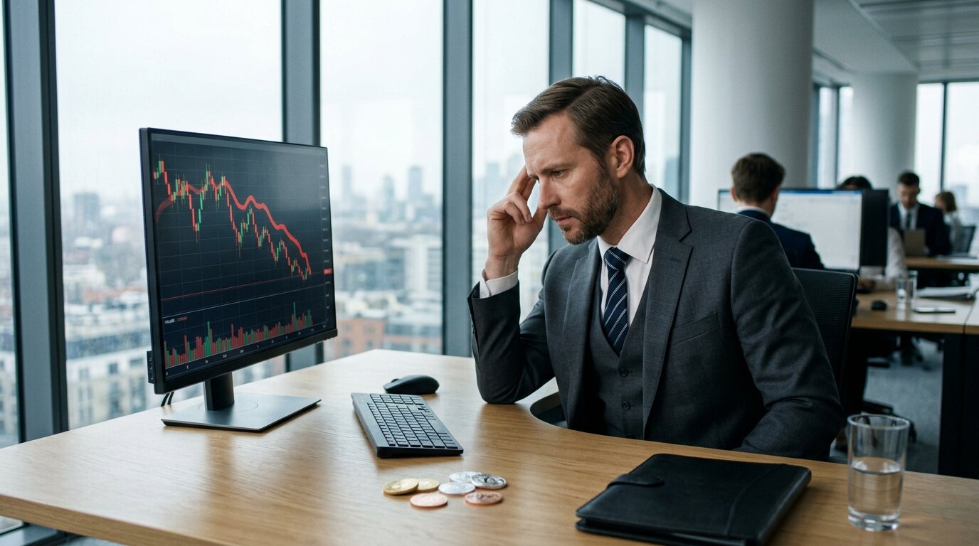 Vente de bitcoins et marché crypto Investisseur analysant un graphique boursier en baisse avec des cryptomonnaies