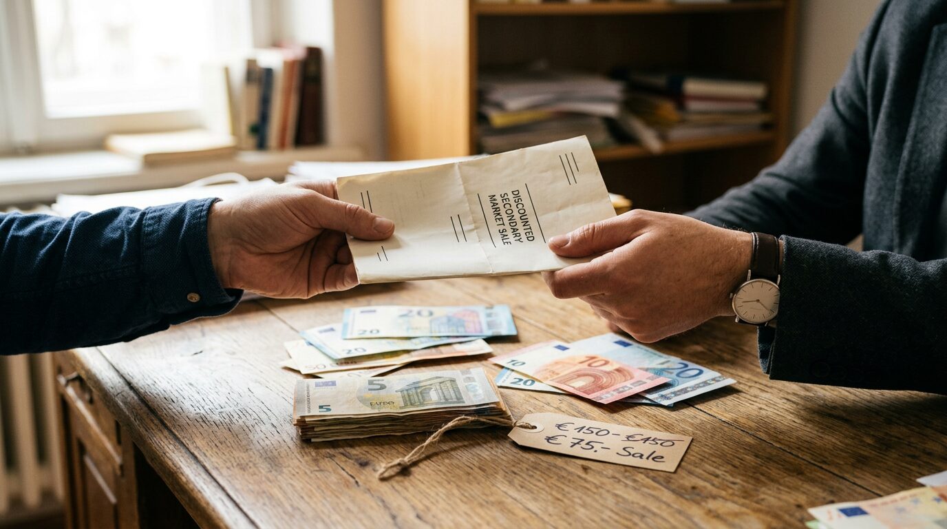 SCPI bloquée : comment récupérer votre argent en 2026 ? 4 Échange de document financier et billets en euros symbolisant une vente décotée