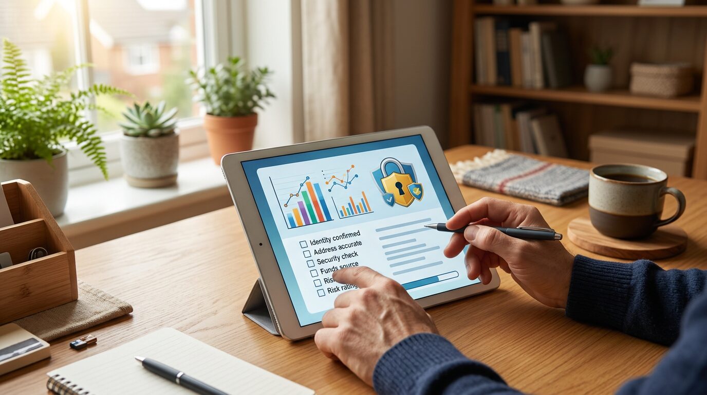 Personne vérifiant l'autorisation d'une plateforme d'investissement sur tablette