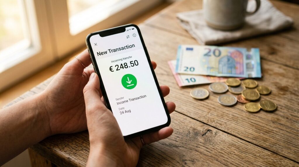 Virement bancaire remboursement impôt été Main tenant un smartphone affichant une notification de virement bancaire près de billets en euros