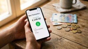 Main tenant un smartphone affichant une notification de virement bancaire près de billets en euros