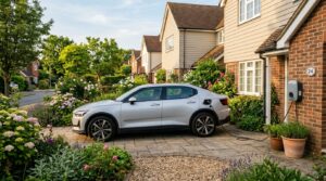 Voiture électrique branchée sur une borne de recharge résidentielle le matin