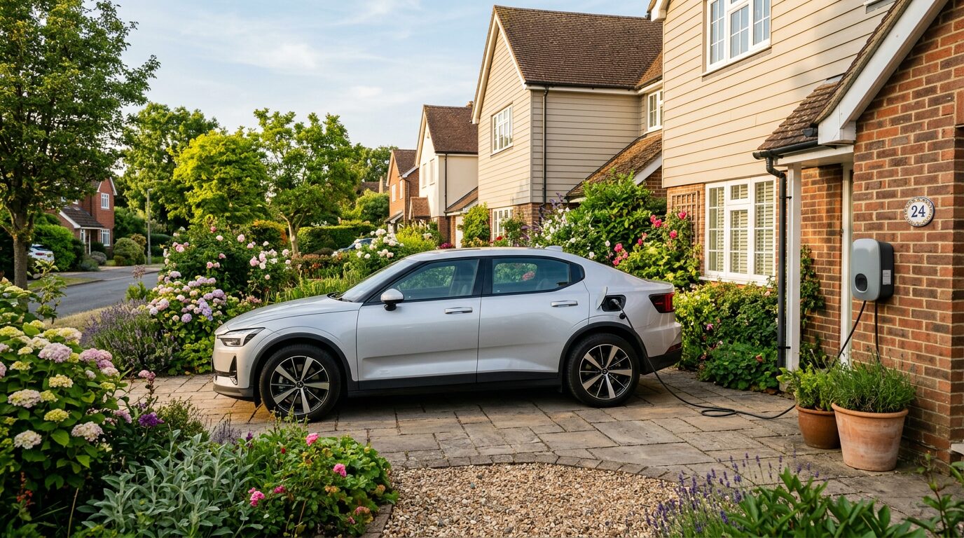 Voiture électrique branchée sur une borne de recharge résidentielle le matin