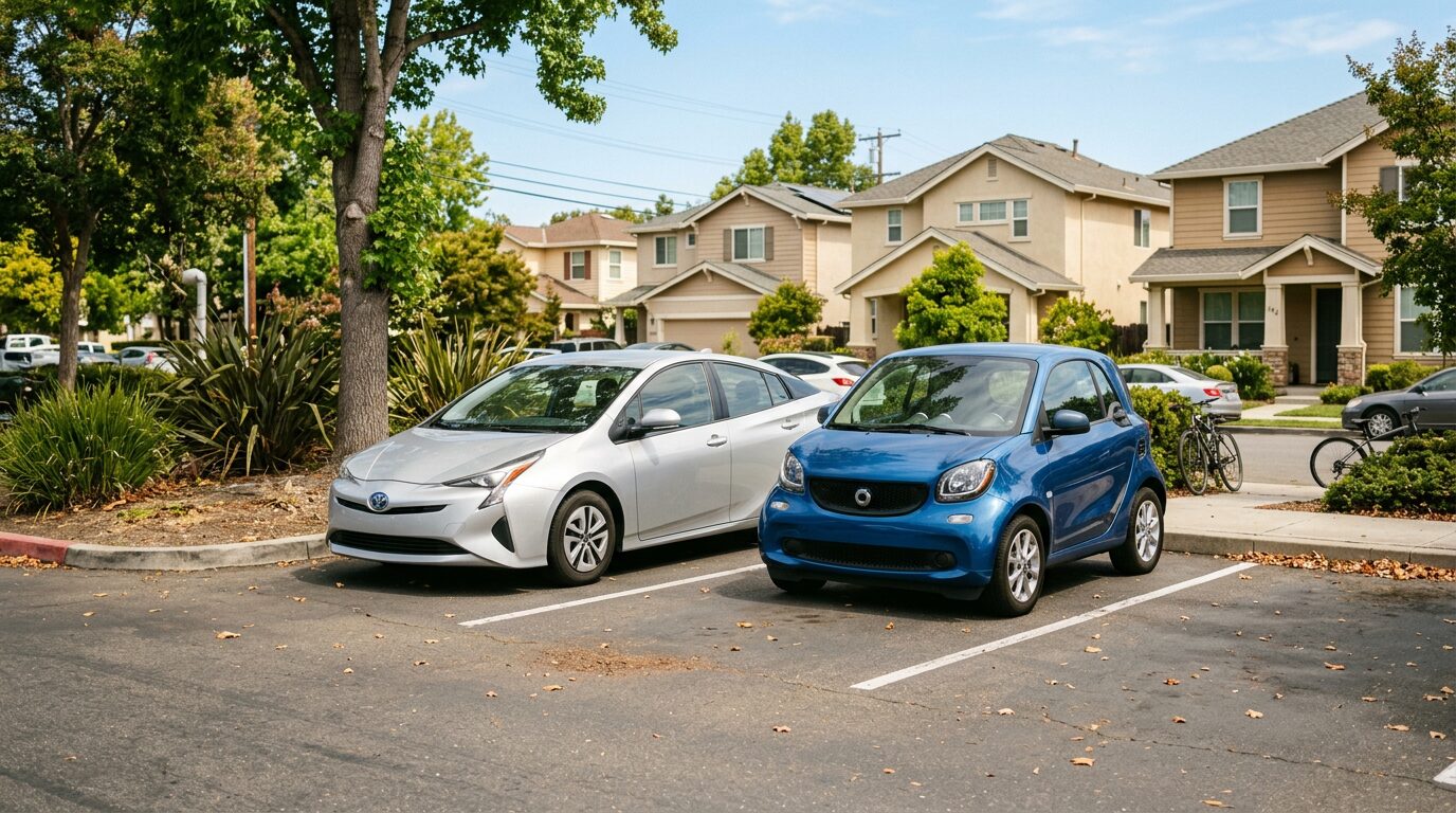 Crédit voiture électrique à 1 % : quelles banques en 2026 ? 3 Une citadine électrique et une berline hybride garées côte à côte en journée