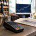 Terminal de paiement dans un commerce et graphique boursier illustrant les résultats semestriels de Worldline
