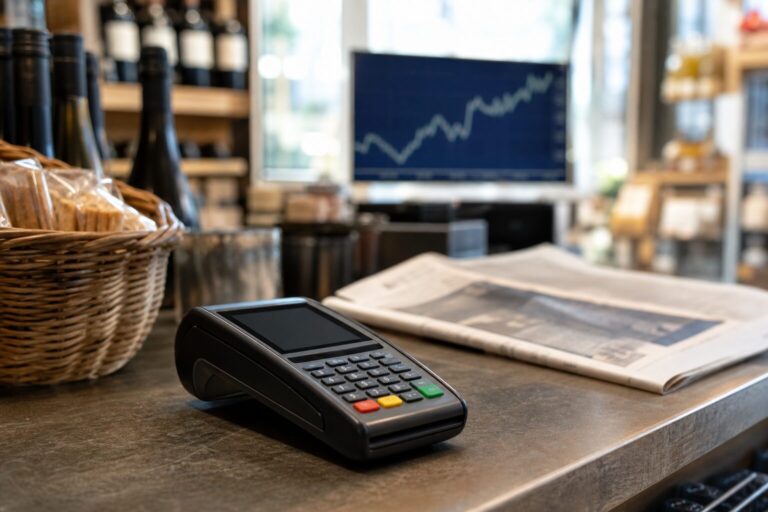 Worldline résultats semestriels Bourse photo réaliste Terminal de paiement dans un commerce et graphique boursier illustrant les résultats semestriels de Worldline