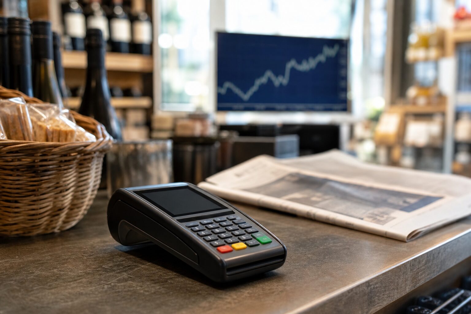 Worldline résultats semestriels Bourse photo réaliste Terminal de paiement dans un commerce et graphique boursier illustrant les résultats semestriels de Worldline