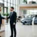Client et vendeur se serrant la main devant une voiture hybride en concession