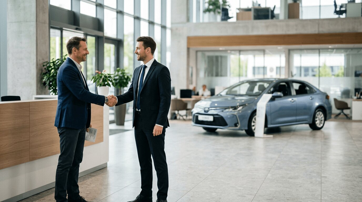 Client et vendeur se serrant la main devant une voiture hybride en concession