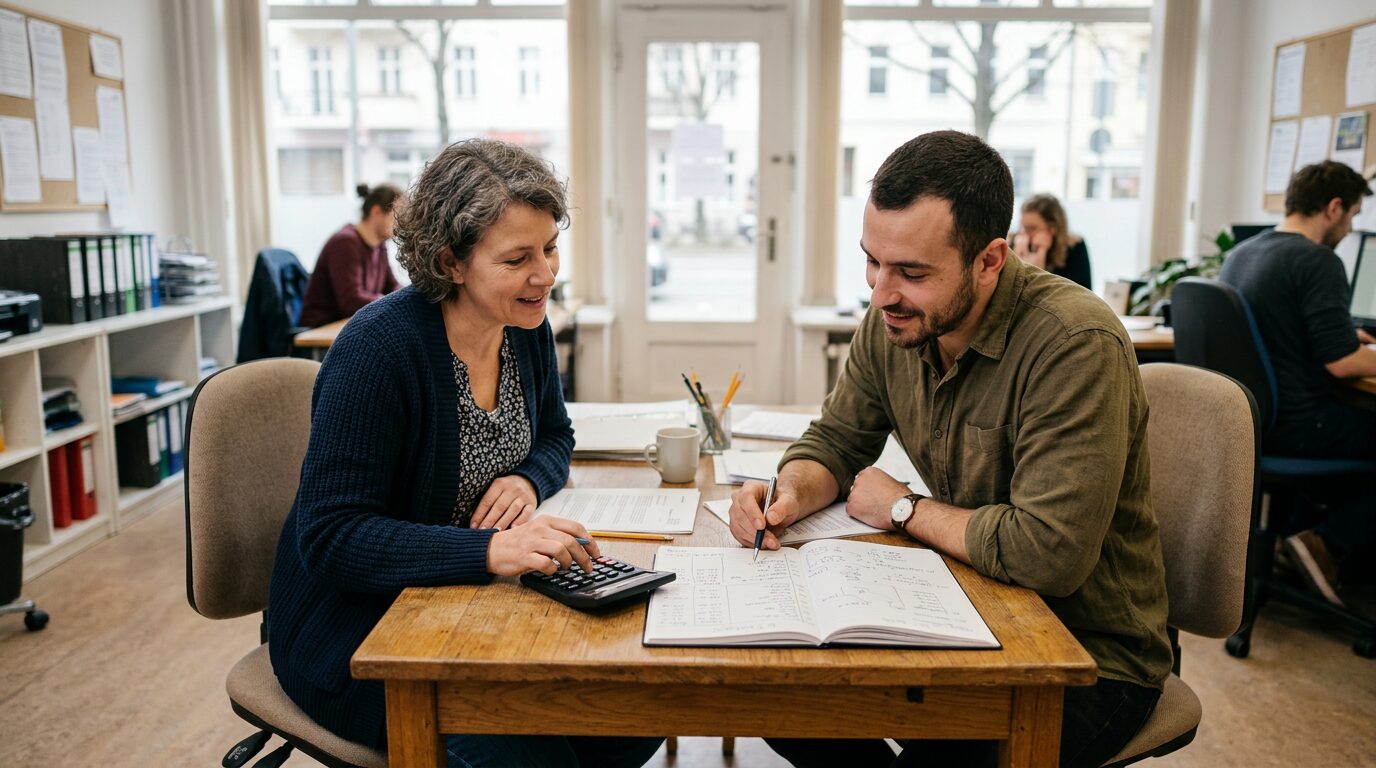 Conseiller social aidant un demandeur à préparer son dossier de microcrédit