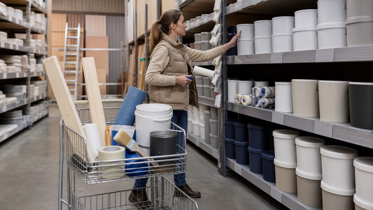 Prêt immobilier avec travaux fait soi-même : ce que finance la banque 1 Personne choisissant des matériaux de rénovation dans un magasin de bricolage