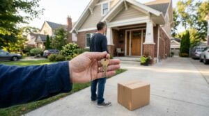 Propriétaire tenant des clés devant une maison avec un carton de déménagement