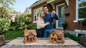 Couple tenant les clés d'une maison avec deux maquettes symbolisant un achat-revente immobilier