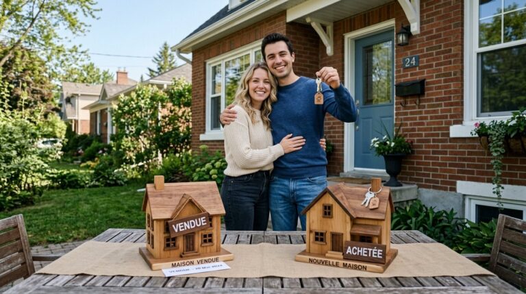Alternatives au prêt relais achat revente Couple tenant les clés d'une maison avec deux maquettes symbolisant un achat-revente immobilier