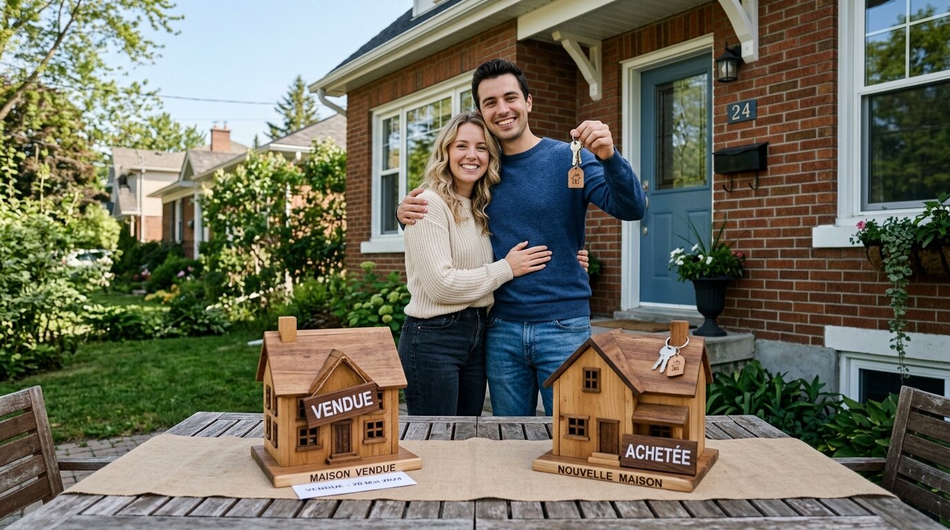 Alternatives au prêt relais achat revente Couple tenant les clés d'une maison avec deux maquettes symbolisant un achat-revente immobilier