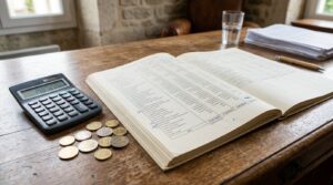 Documents budgétaires et calculatrice illustrant le débat sur une année blanche 2027