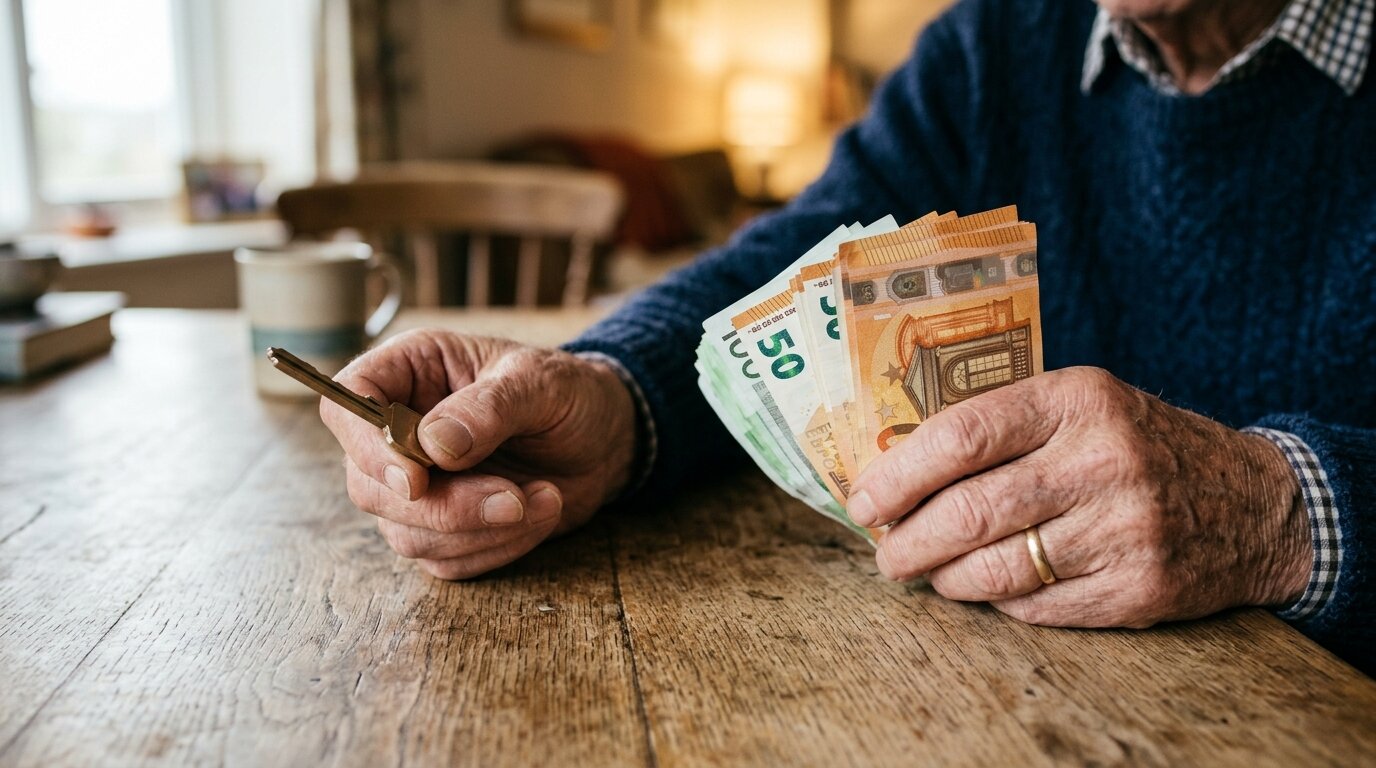 Quelle banque prête jusqu'à 85 ans ? 1 Mains d'une personne âgée tenant des clés et des billets d'euros