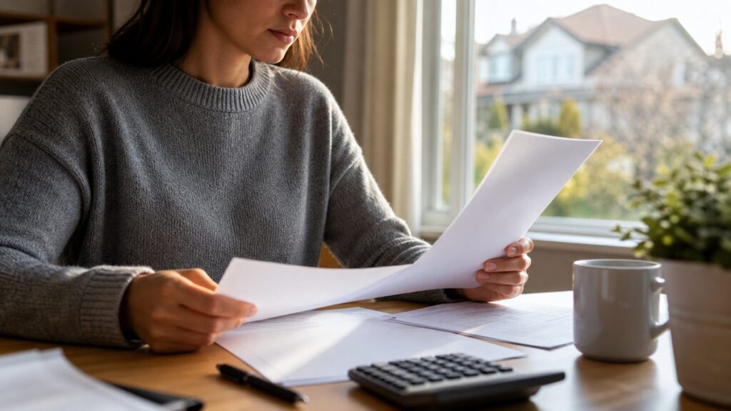 Assurance emprunteur et documents de prêt immobilier Personne consultant des documents de contrat d'assurance emprunteur à son bureau