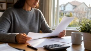 Personne consultant des documents de contrat d'assurance emprunteur à son bureau