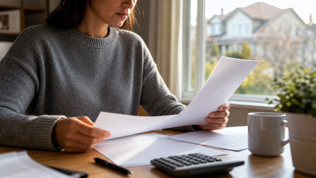 Personne consultant des documents de contrat d'assurance emprunteur à son bureau