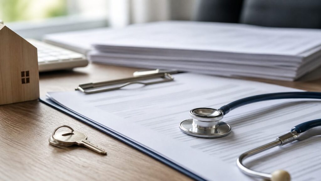 Assurance emprunteur et risque de sante Dossier d'assurance prêt et documents médicaux sur un bureau, illustrant l'examen d'un risque de santé