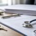 Dossier d'assurance prêt et documents médicaux sur un bureau, illustrant l'examen d'un risque de santé