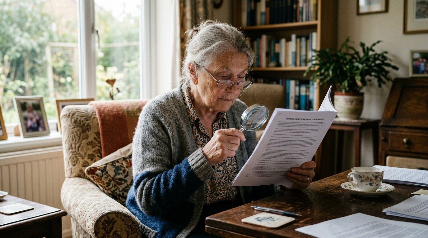 Quelle banque prête jusqu'à 85 ans ? 2 Personne âgée lisant attentivement un contrat d'assurance emprunteur